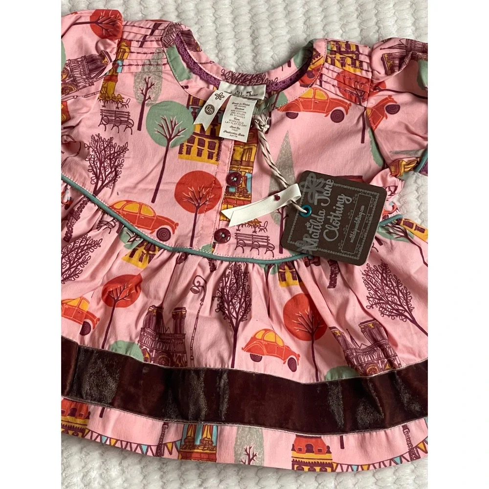 Matilda Jane Baby Girls Paris Eiffel Tower Pink Velvet Trim Dress 12M NWT T1501